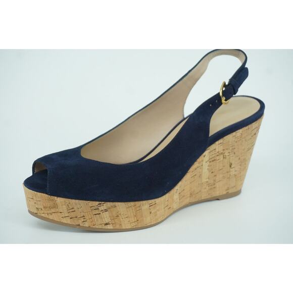 Stuart Weitzman Jean Blue Suede Slingback Cork Wedge Heel Sandal SZ 11 New - Picture 3 of 9